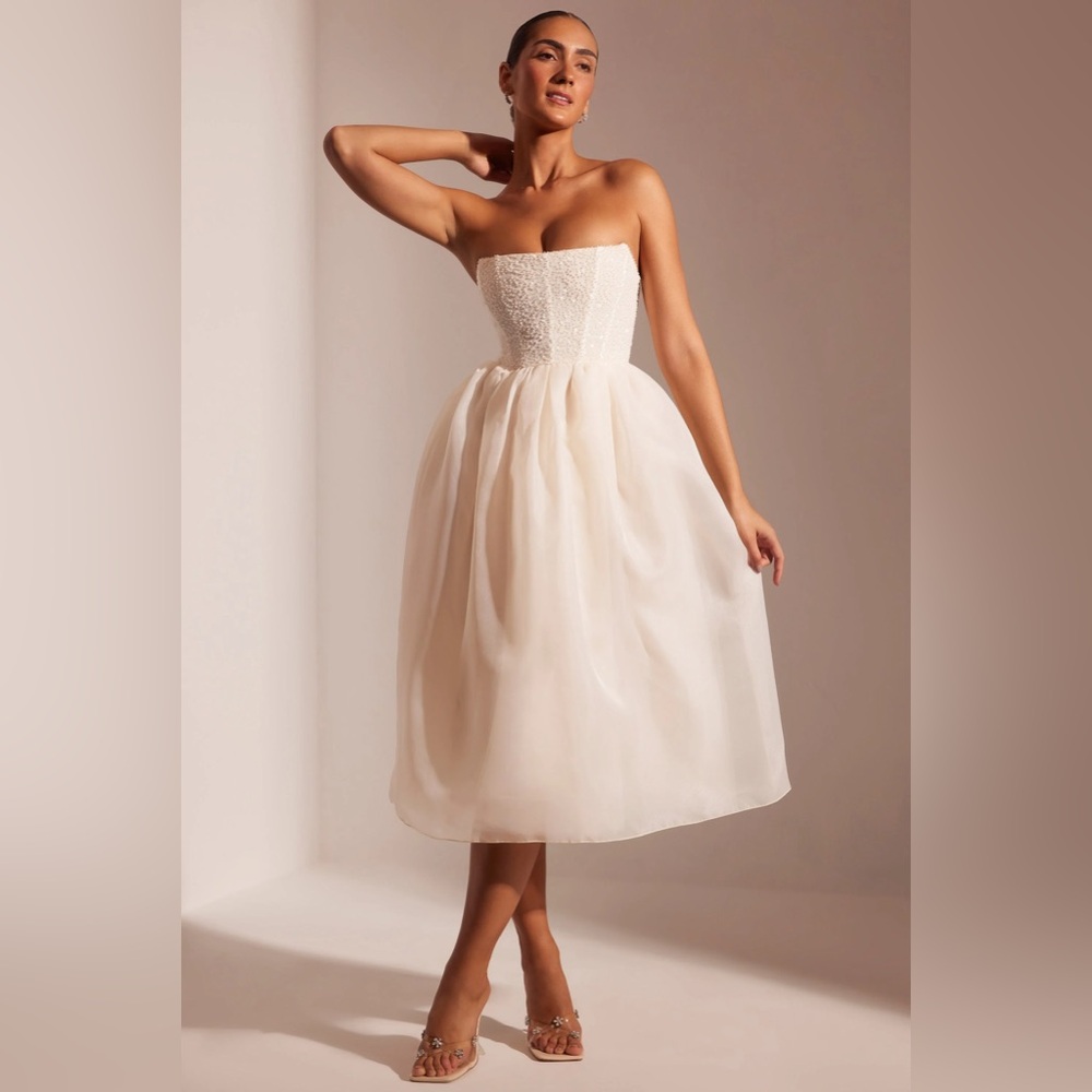 Oh Polly Ivory Rosette Embellished Corset Tulle Midi Dress